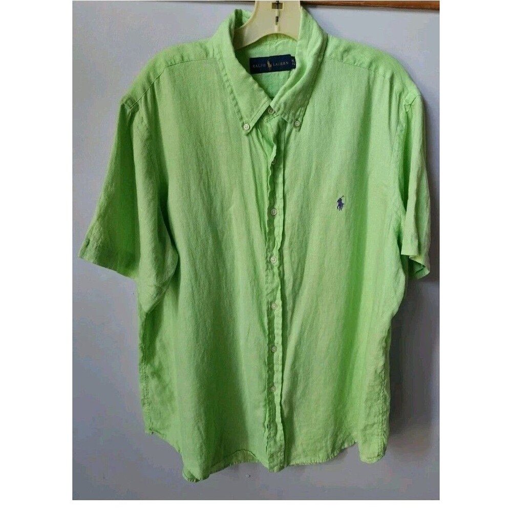Polo Ralph Lauren 100% Linen Shirt Men's Size XL Short Sleeve Lime Green Button
